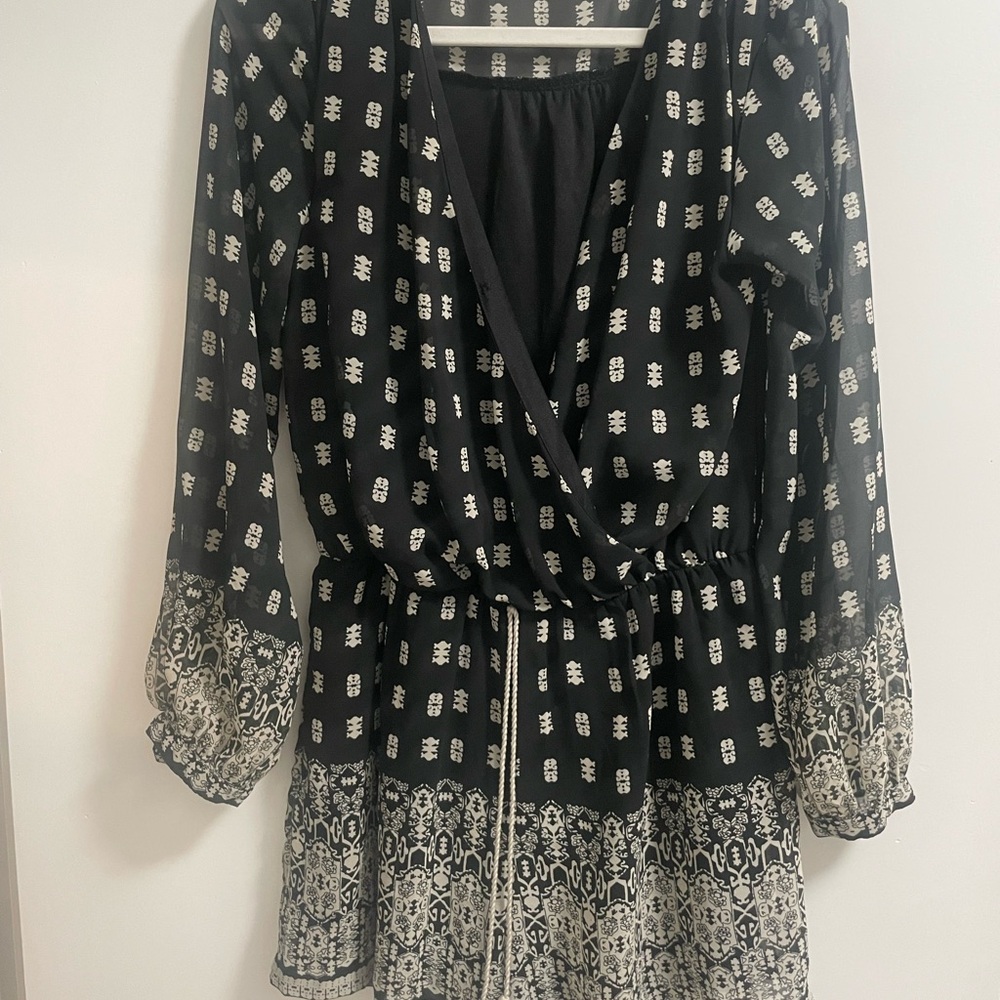 Black and White, Long-Sleeved, Patterned Romper
